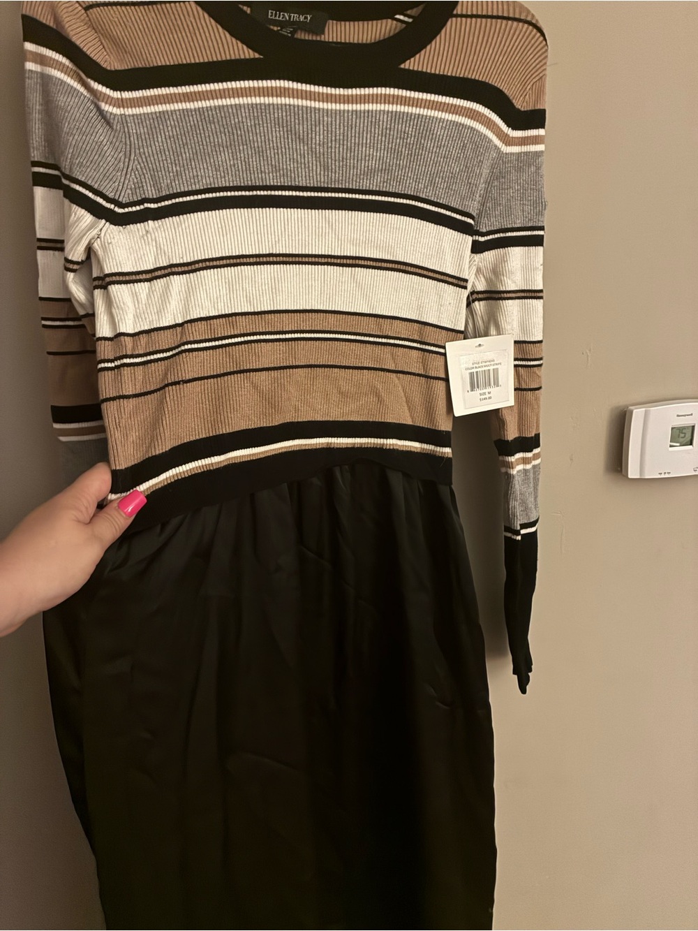 Ellen Tracy Long Sleeve Striped Knit Top with Black Skirt